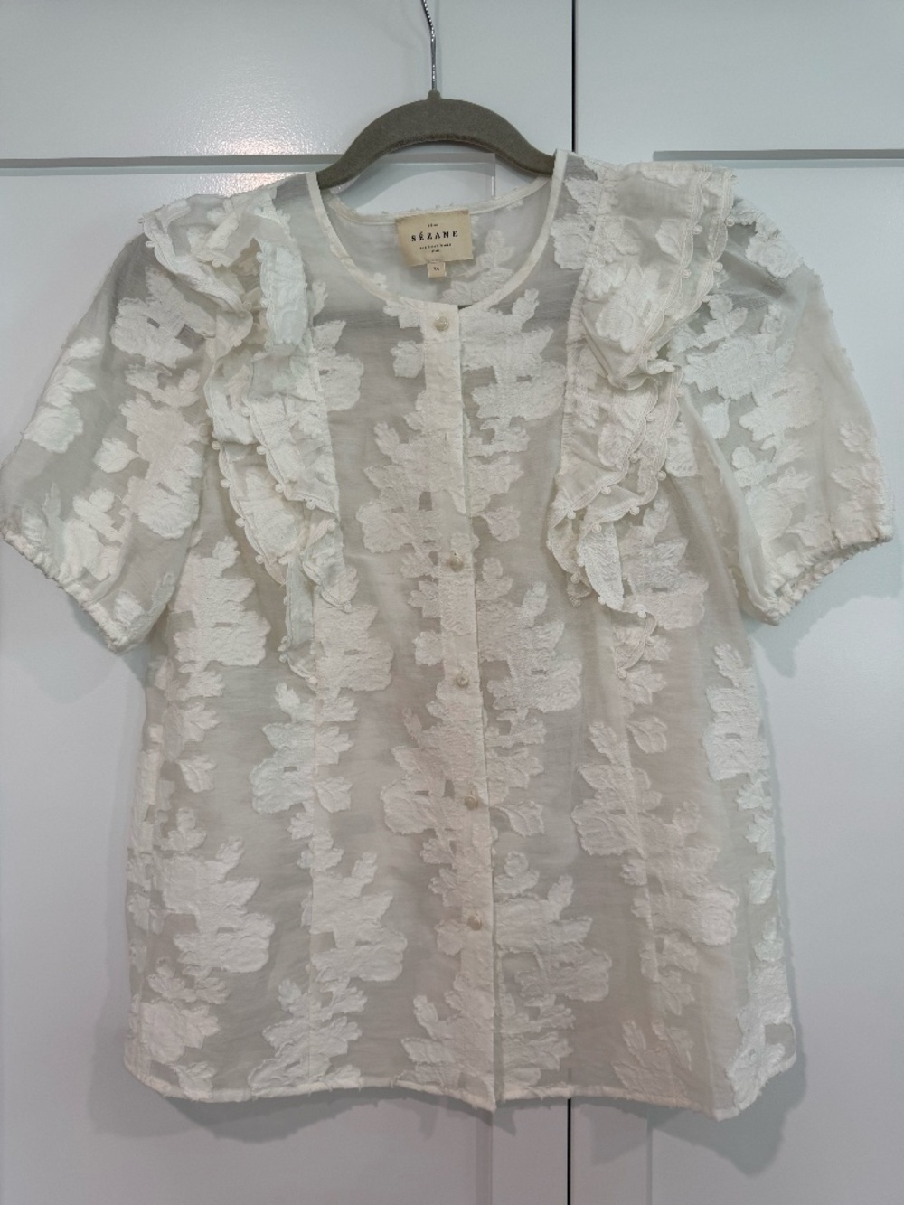 Sezane BLOUSE JORDANNA white embroidered ruffle blouse  ($130 value)